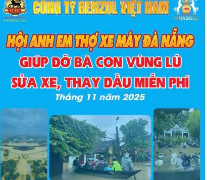 Ngày 2/11/2025 CTYBENZOL VIETNAM đã tài trợ 500 lon nhớt xe máy - Cùng ae thợ sửa xe đà nẵng đã thay nhớt miễn phí cho bà con bị ngập lụt